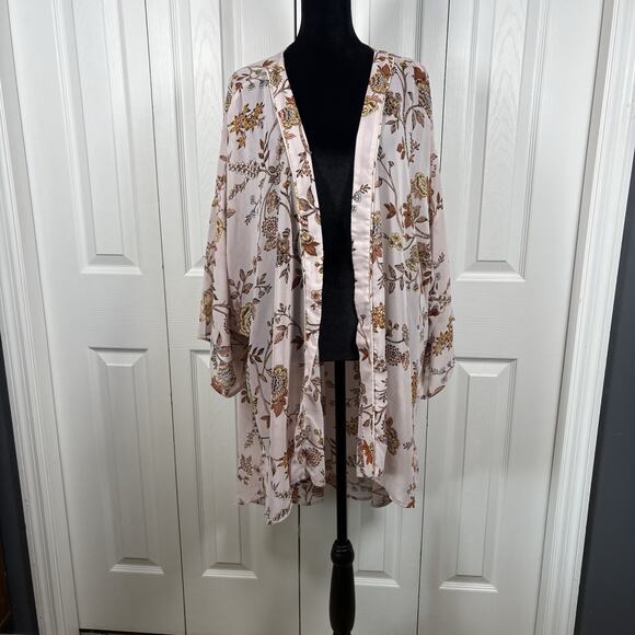 Maurice's Kimono Plus Size 3X Pink Floral Long Sheer Summer Cottage Boho - Picture 1 of 8